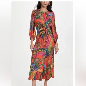 FARM Rio Red Tropical Leaf-Print Long Sleeve Maxi Dress with cutout detail